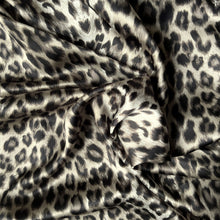 Load image into Gallery viewer, satin material in a black and gray swirled leopard print.
