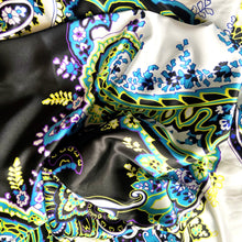Load image into Gallery viewer, White, Black, Turquoise, Yellow, Purple Print Satin Pillowcase, Paisley Design.