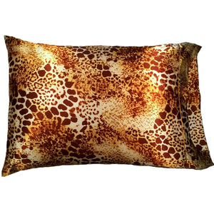 A bedroom accent pillow with a gold and brown leopard print satin pillowcase. The pillow measures 12" x 16".