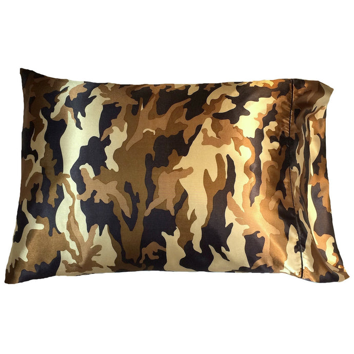 A travel pillow with a dark brown and tan camouflage cover on the pillowcase. The pillowcase is on the pillow. The pillow measures 12