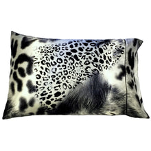 Load image into Gallery viewer, A leopard print satin pillowcase in a gray, white and black pattern,.