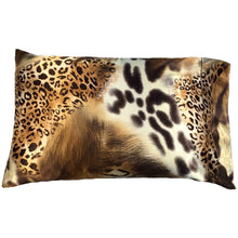 Load image into Gallery viewer, A satin pillowcase in a leopard print with a gold, white, brown and black pattern.
