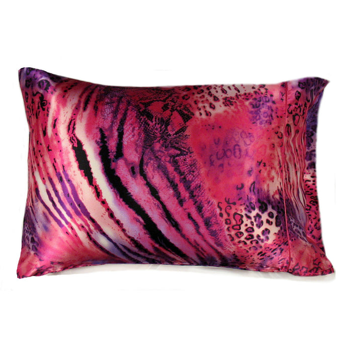 A pink, black and purple African animal print satin pillowcase.