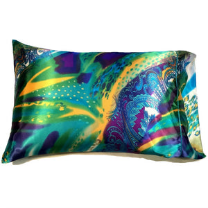 This designer pillow is made with a green, yellow and purple satin print cover. The pillow measures 12" x 16".