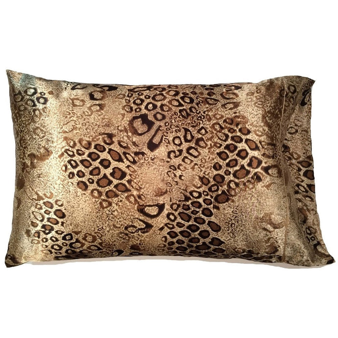 A throw pillow with a brown and beige leopards print satin pillow cover. The pillow measures 12