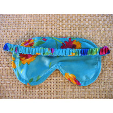 Load image into Gallery viewer, The back view of a turquoise floral print satin eye mask. The strap is covered in turquoise print satin material.
