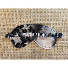 Load image into Gallery viewer, The back view of a black and gray animal print sleep mask. The strap is covered in black and gray satin material.