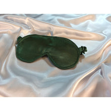 Load image into Gallery viewer, Sage green satin eye shade lying on top of a white satin sheet.