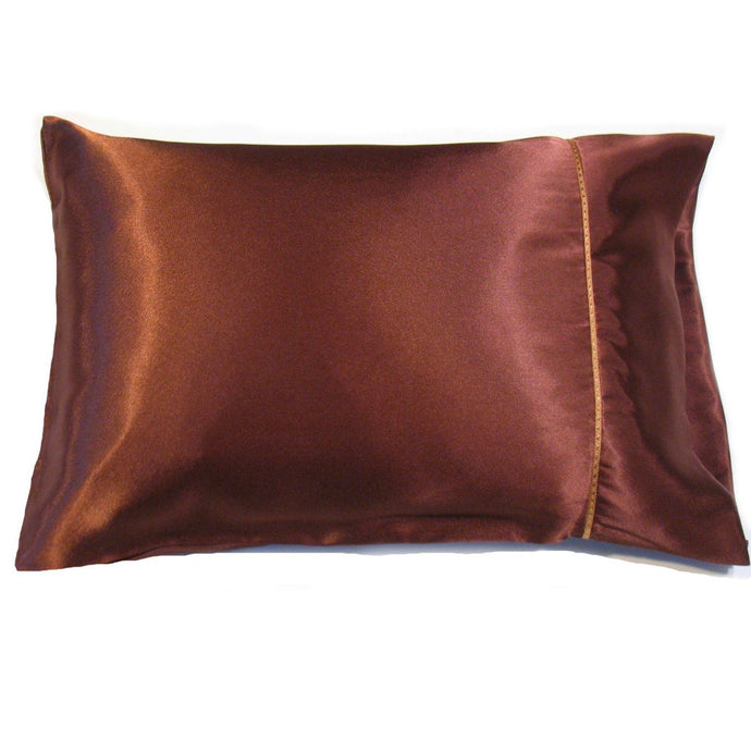 An accent pillow with a solid brown satin pillowcase cover. The pillow measures 12
