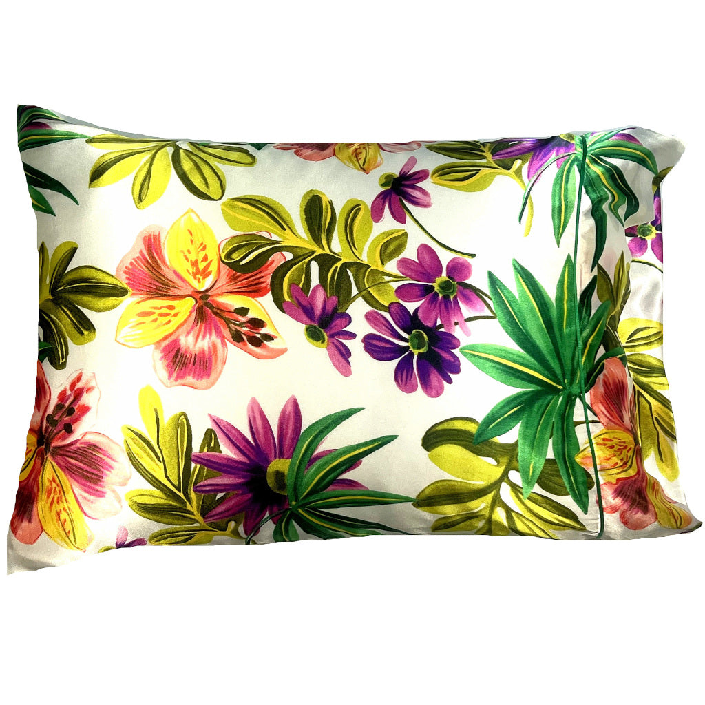 White with Large Purple, Pink and Yellow Hawaiian Flowers Satin Pillowcase