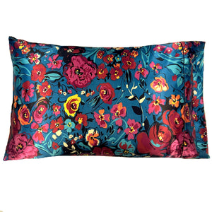 Satin Pillowcases Queen. Teal with maroon, pink, yellow and turquoise flowers. Washable