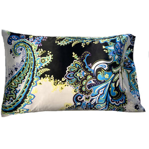 White, Black, Turquoise Blue, Yellow and White with Purple Accent Print Satin Pillowcase, Paisley Design.