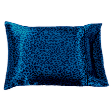 Load image into Gallery viewer, Blue and black cheetah print satin pillowcase.

