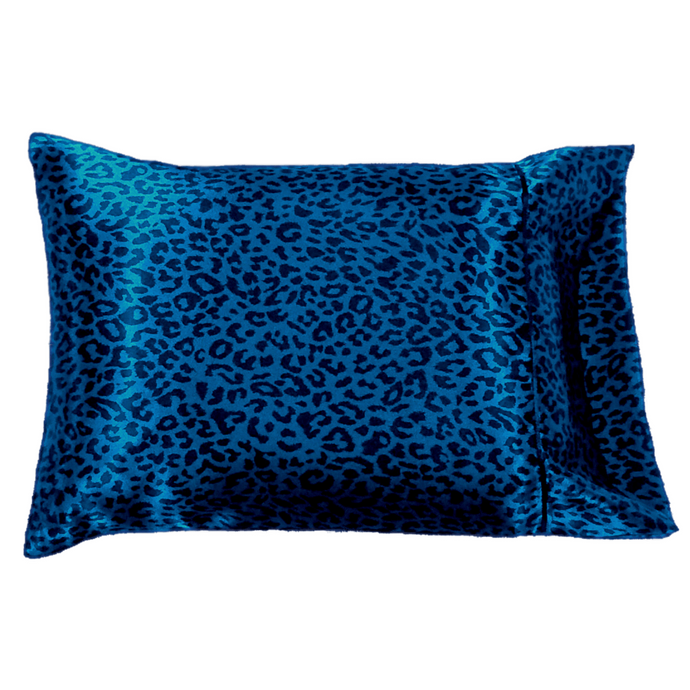 Blue and black cheetah print satin pillowcase.