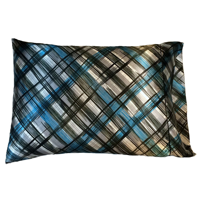 A travel pillow with a gray, black and teal plaid design satin pillowcase. The pillow measures 12