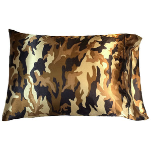 A travel pillow with a dark brown and tan camouflage cover on the pillowcase. The pillowcase is on the pillow. The pillow measures 12" x 16".