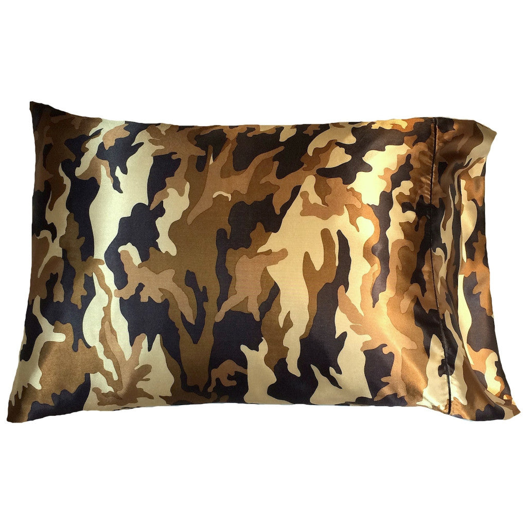 A camouflage pattern satin pillowcase in dark brown, gold and tan.