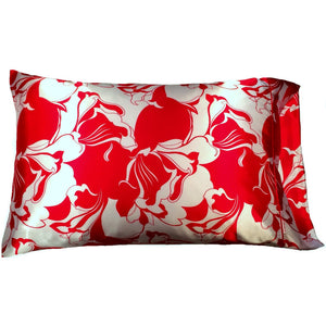 A red and white floral print satin pillowcase.
