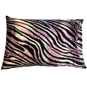 Zebra print  satin pillowcase in lavender, black and white.