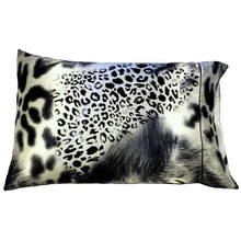 Load image into Gallery viewer, A leopard print satin pillowcase in a gray, white and black pattern,.
