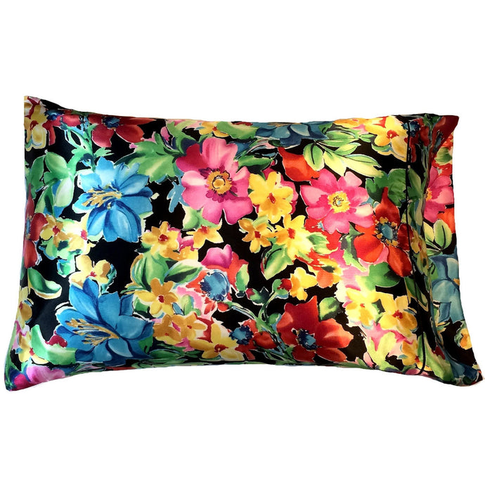 A blue, green, red, pink and yellow flowers, floral satin pillowcase.