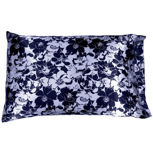 A navy blue and silver floral print satin pillowcase.