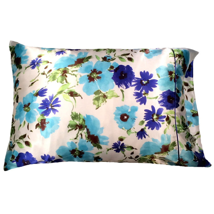 This A Touch of Satin pillowcase is as soft as silk, made from a white with blue flowers charmeuse satin print, sewn with French seams and is washable and dryer safe.