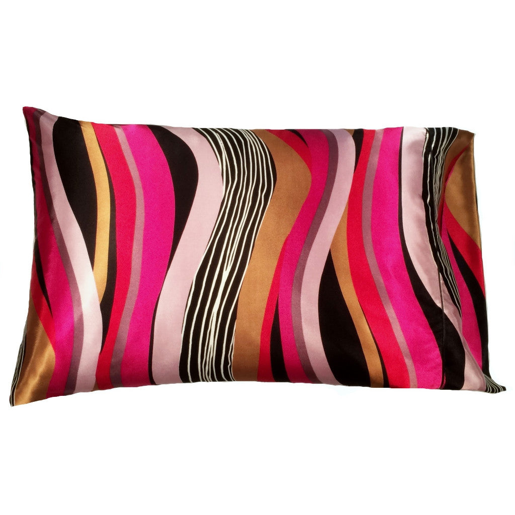 A modern, contemporary satin pillowcase in a gold, pink, white, pink and black vertical lines pattern design.