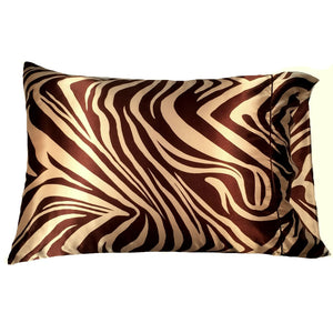 A brown and beige zebra skin print satin pillowcase.