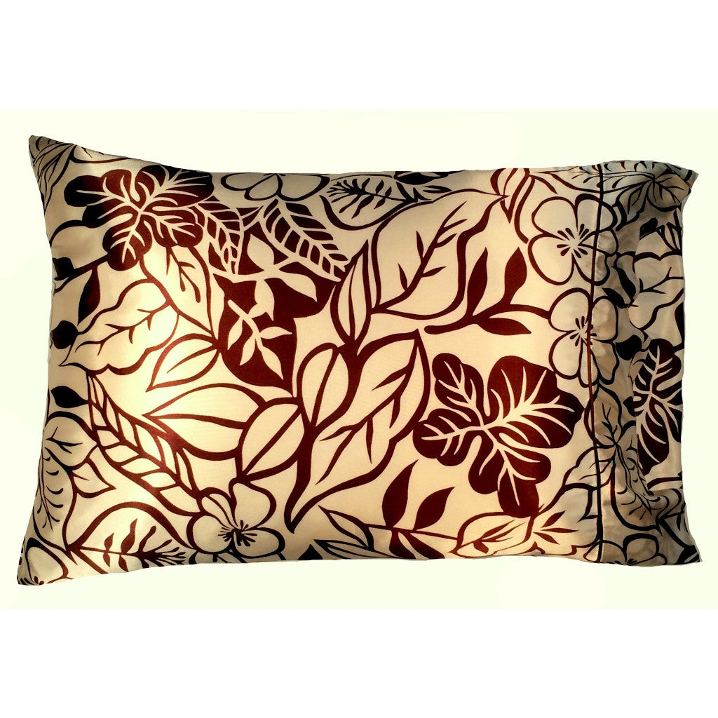 Cream colored satin pillowcase with brown etched leaves and branches.