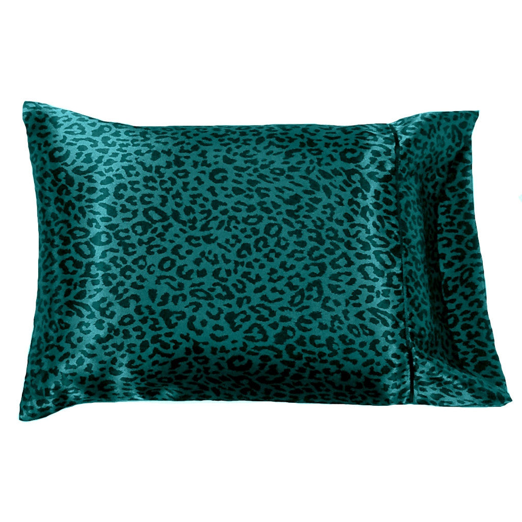 A Satin pillowcase in a black and teal cheetah style print.