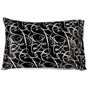 A black with white swirls modern satin pillowcase.
