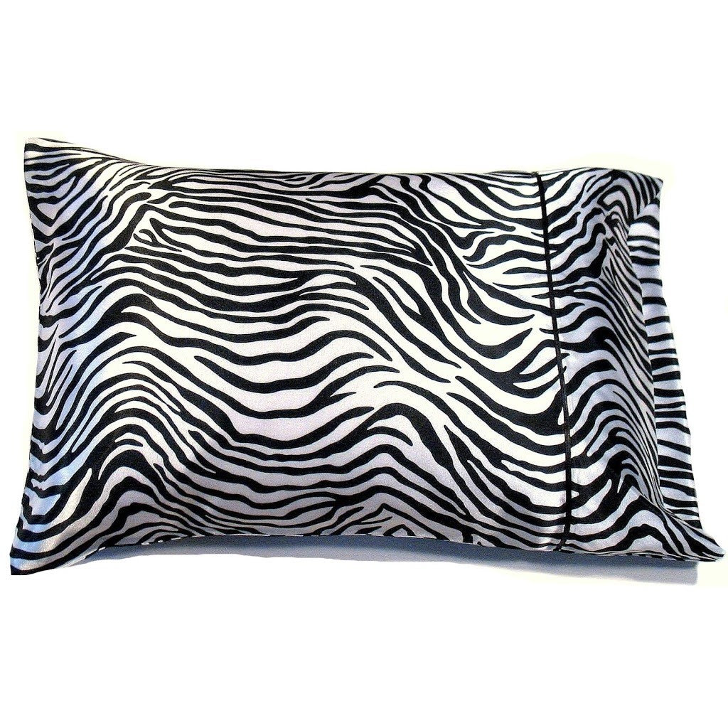 A black and white zebra pattern satin pillowcase.