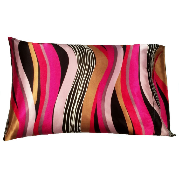 A bed pillow with gold, pink, black and white swirly lines going vertically up the pillow. The pillow measures 12
