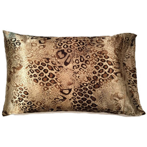 A throw pillow with a brown and beige leopards print satin pillow cover. The pillow measures 12" x 16".