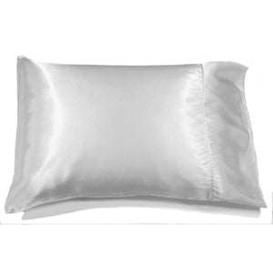 A boudoir pillow with a solid white satin cover. The pillow measures 12" x 16".