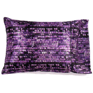 A neck or back support pillow. The pillow has a satin cover with a purple and black sequins print. The pillow measures 12" x 16".