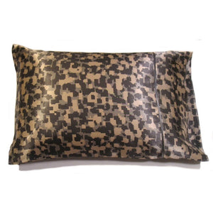 This travel pillow is made from a camouflage satin print. The pillow feels "down filled" and is hypo-allergenic. The pillow and pillowcase are washable.