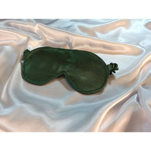 Load image into Gallery viewer, Sage green satin eye shade lying on top of a white satin sheet.
