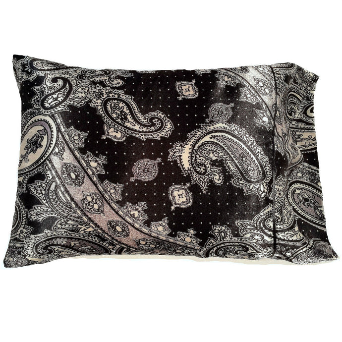 A decorative pillow with a black and gray paisley print cover. The pillow measures 12