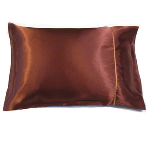 An accent pillow with a solid brown satin pillowcase cover. The pillow measures 12" x 16".