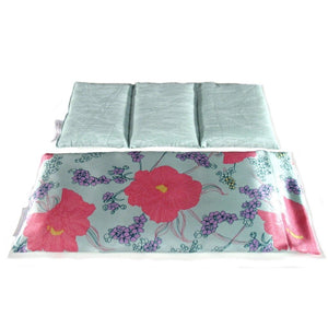 Hot/cold therapy wrap. A washable mint green with pink flower print satin cover with a cotton insert. Three sections filled with organic flaxseed. Microwaveable.