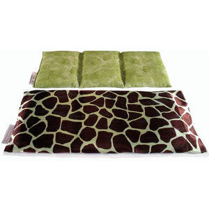 A heating pad with a brown and green giraffe print cover. Behind the pad is a cotton insert sewn into three sections. The insert is green.